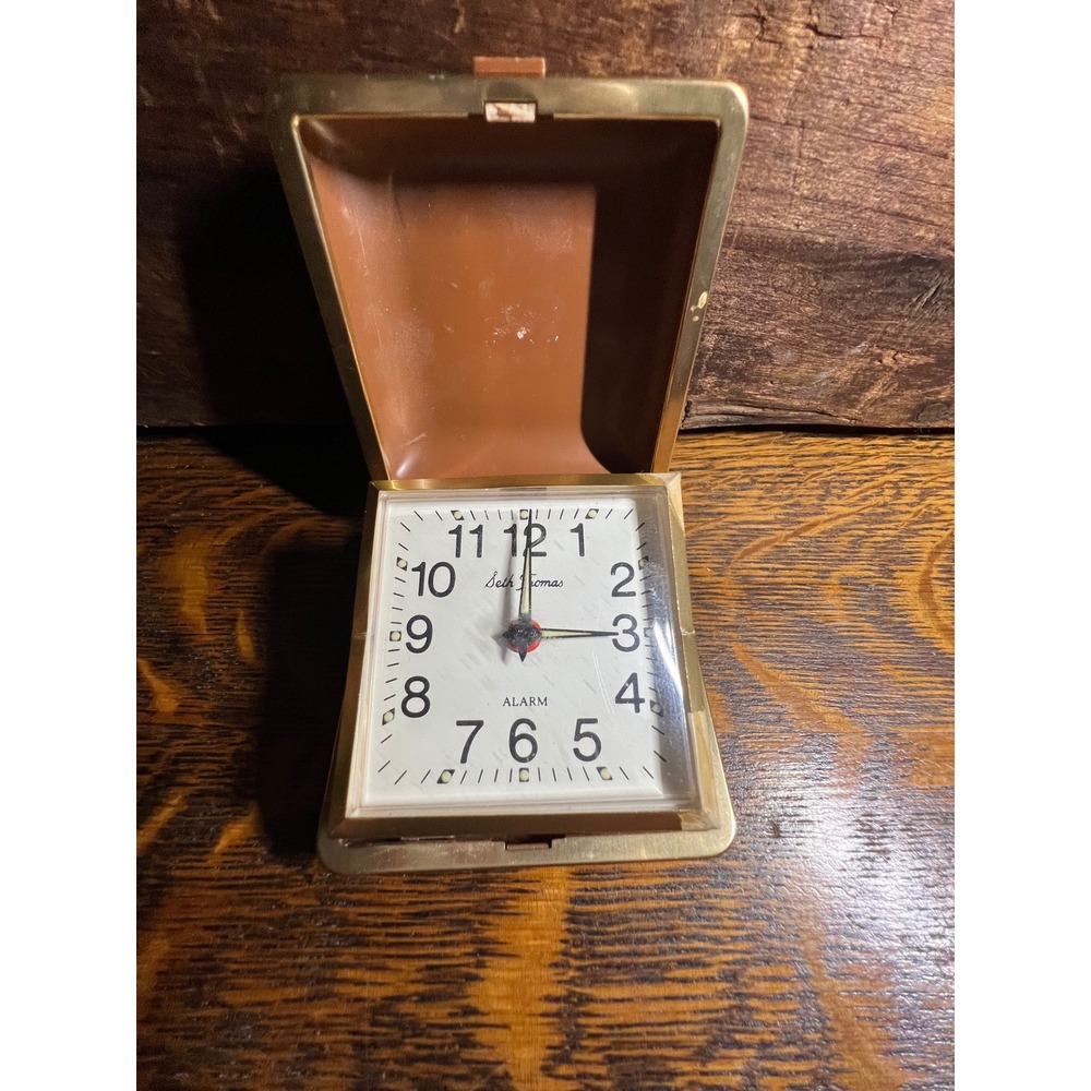 Vintage Seth Thomas Travel Alarm Clock Folding Clamshell Gold Brown Brazil Made